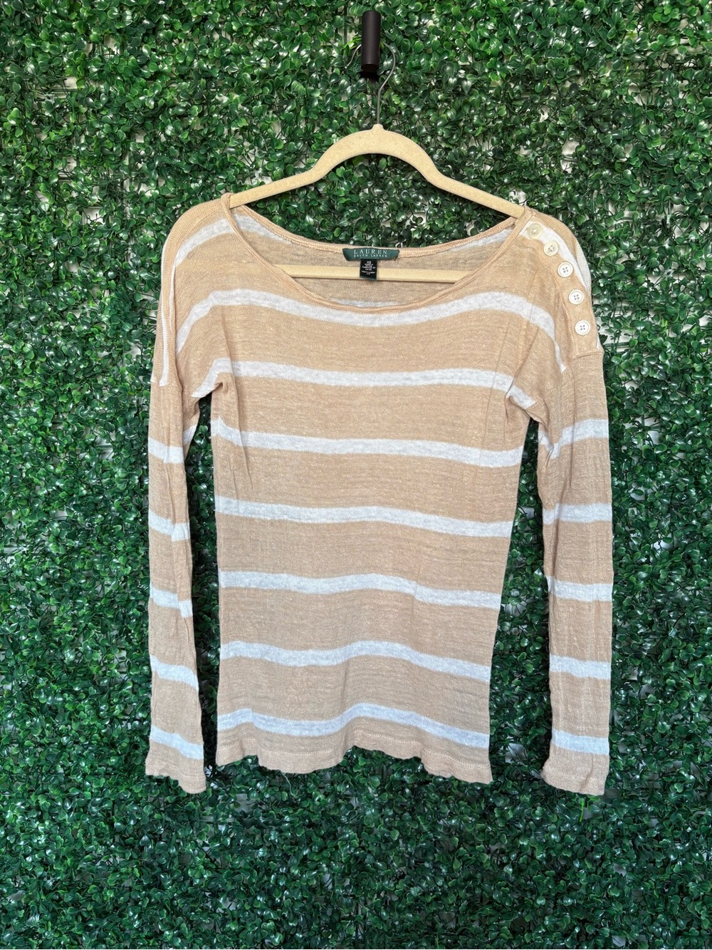 Lauren Ralph Lauren Tan and White Striped Long-Sleeve Top with Shoulder Buttons